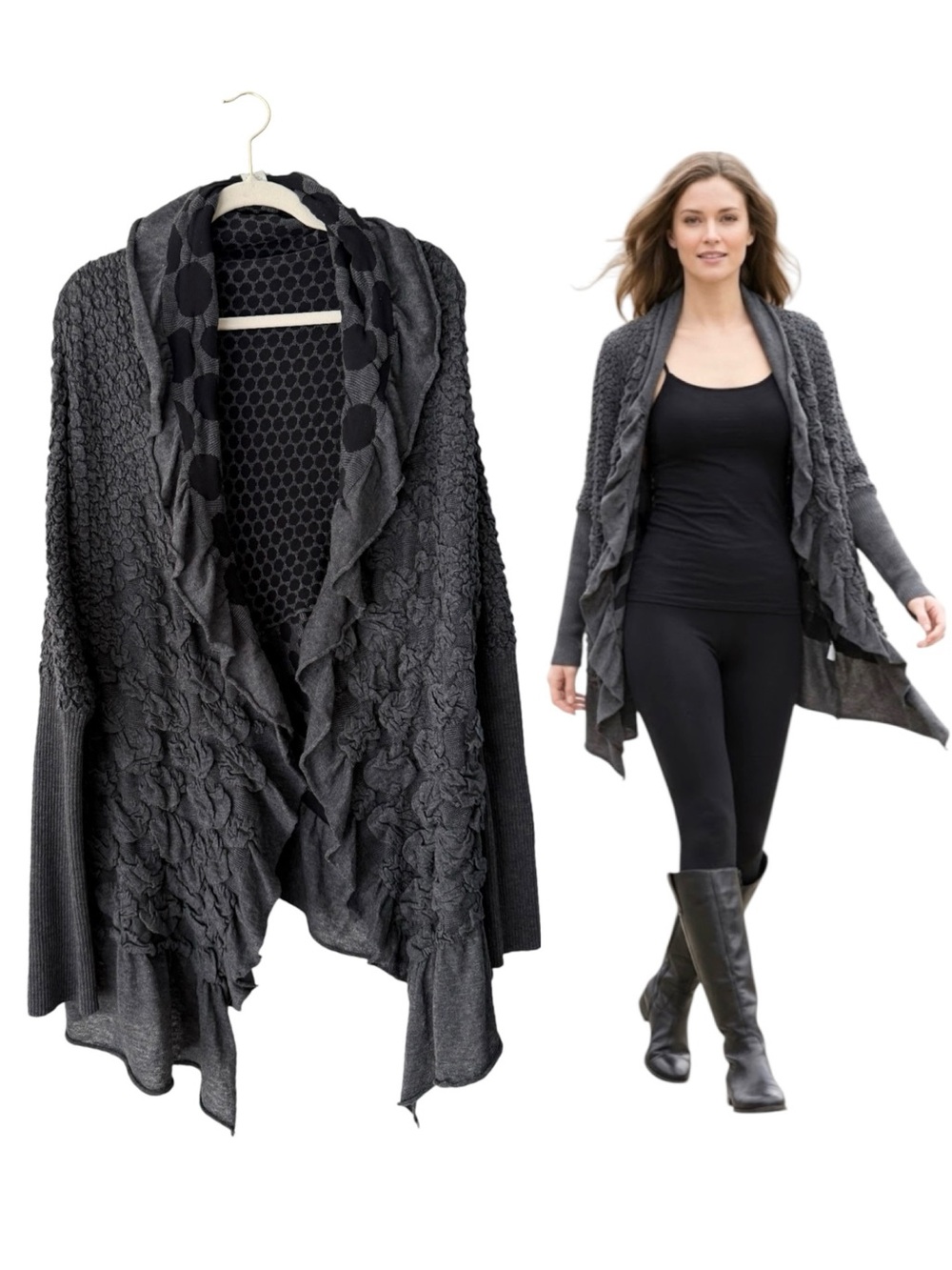 Alberto Makali Charcoal Gray Draped Open-Front Jacket Long Cardigan Sweater Med